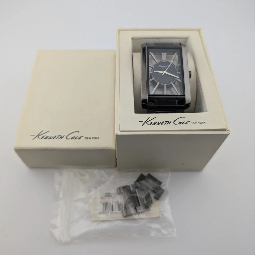 Kenneth Cole New York Transparency Dial Gunmetal Watch SS Oversized Box Links